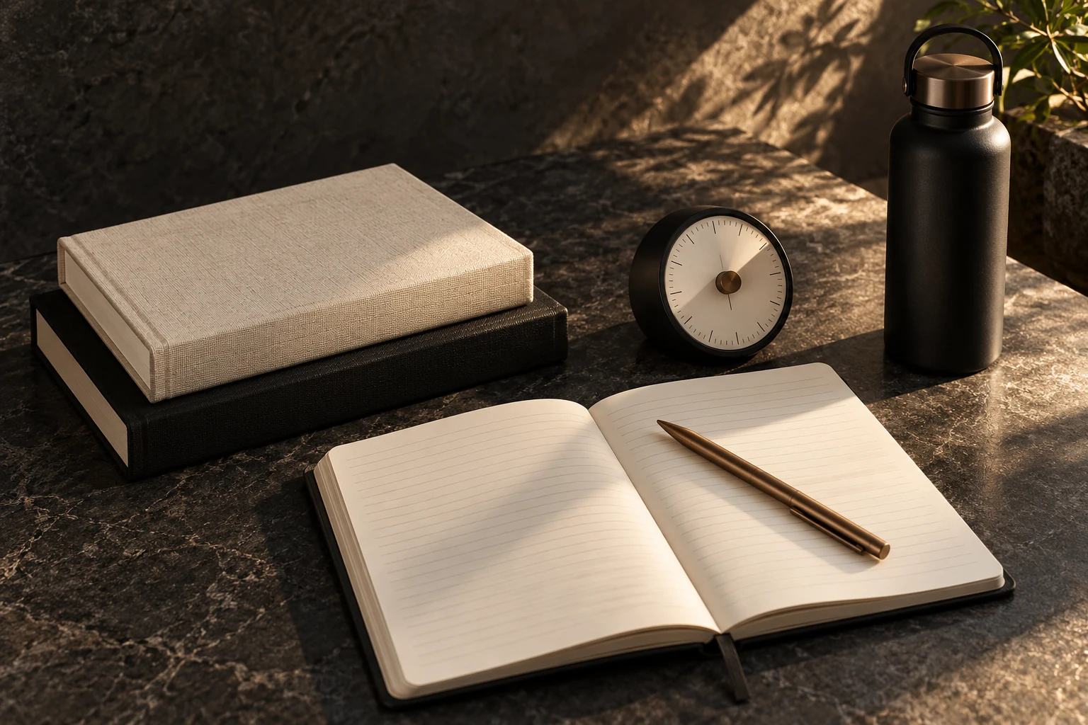 Composição ilustrativa de livros, caderno, timer e garrafa sobre uma mesa escura, iluminada por luz natural